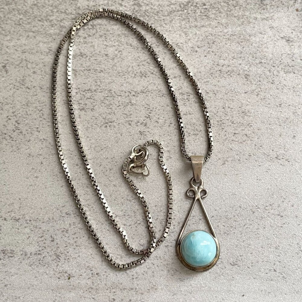 Cabochon Polished Larimar Sterling Silver Pendant Necklace Box Chain 10" Drop